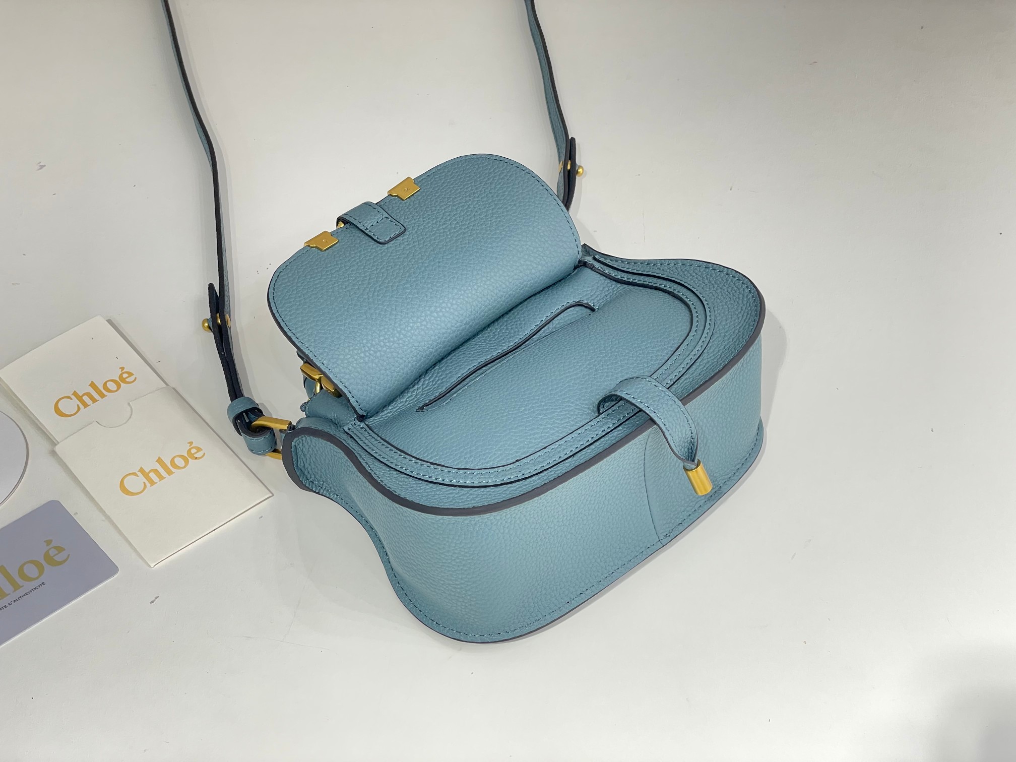 Chloe Mini Marcie Bag In Light Blue Grained Leather